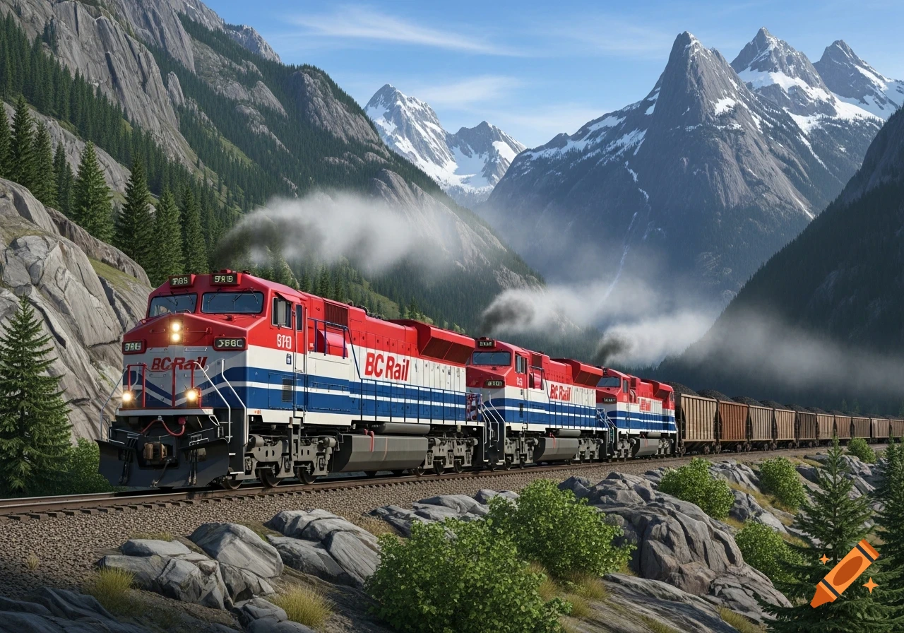 A red, white, and blue BC Rail train with coal cars travels through a scenic mountain range under a clear sky.