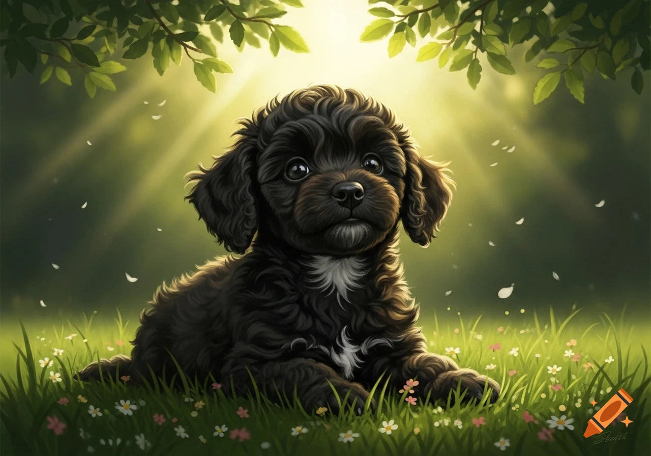 A cute black fluffy poodle puppy lies in a sunny green meadow with small flowers, framed by overhead leaves, in an illustration style.
