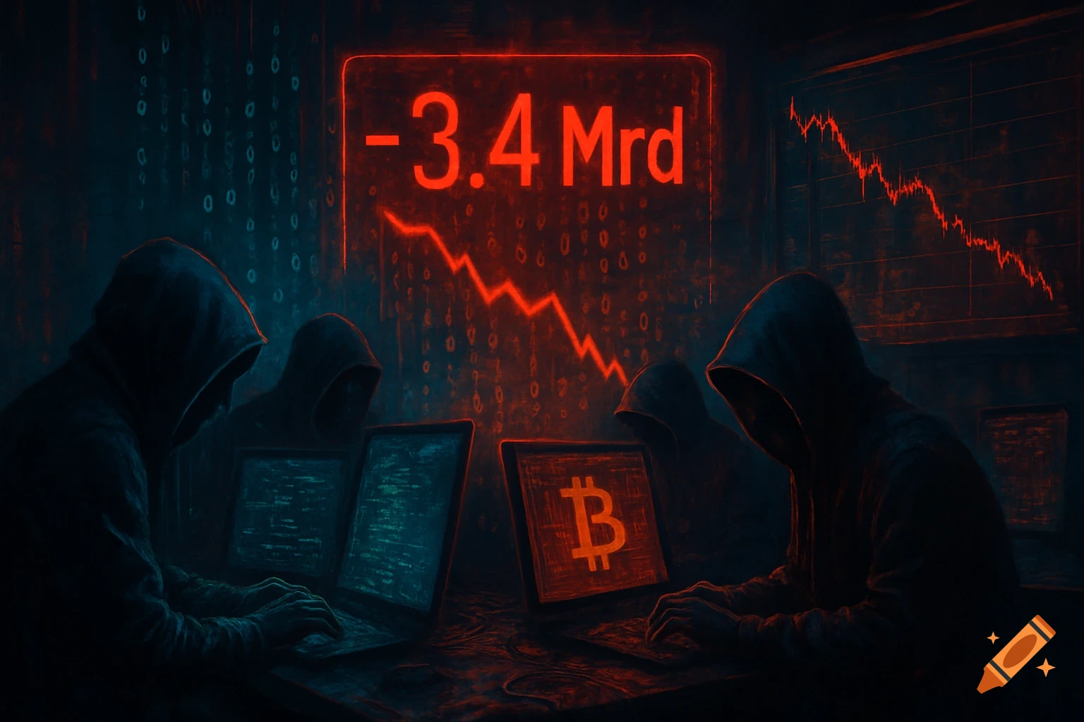 Hooded hackers at laptops in a dark room with glowing red charts showing a Bitcoin symbol and '-3.4 Mrd' with falling values.