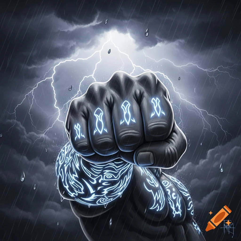 A stylized illustration of a clenched fist with glowing blue symbols against a dark, stormy sky with lightning and rain.