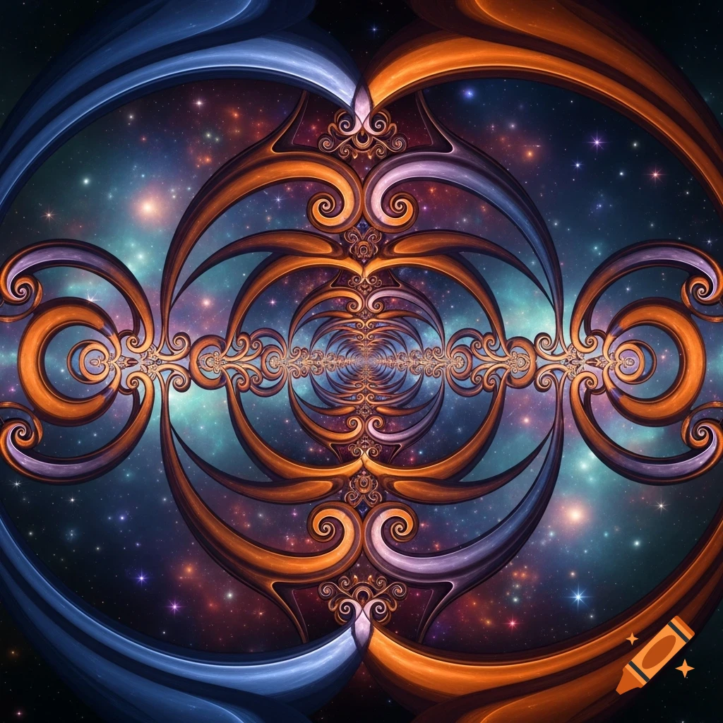 Intricate, symmetrical blue and orange fractal pattern against a starry galaxy background.