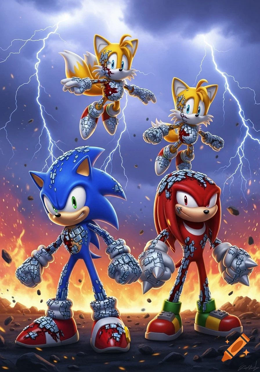 Sonic, Knuckles, and two Tails characters are infected with a metal virus, covered in fragmented metallic textures, against a backdrop of lightning and fire.