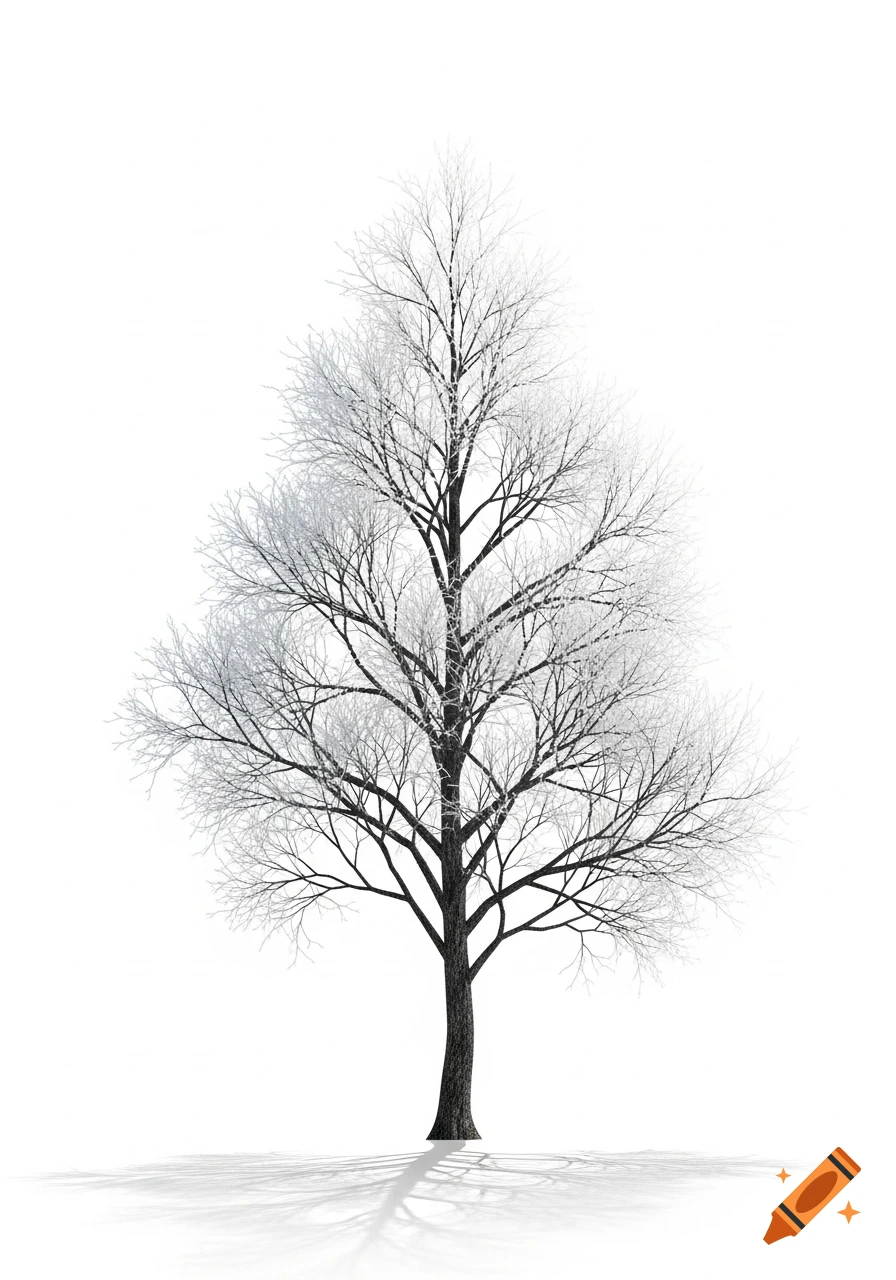 A tall, slender tree with frost-covered bare branches stands against a pure white background, casting a delicate shadow.