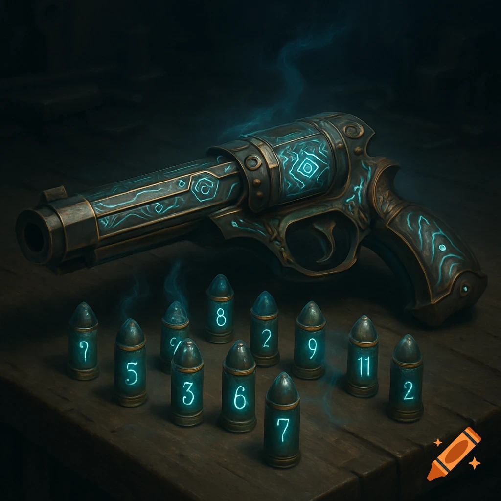 A mystical, ornate revolver with glowing blue runes rests on a dark wooden surface next to bullet shells with glowing numbers.