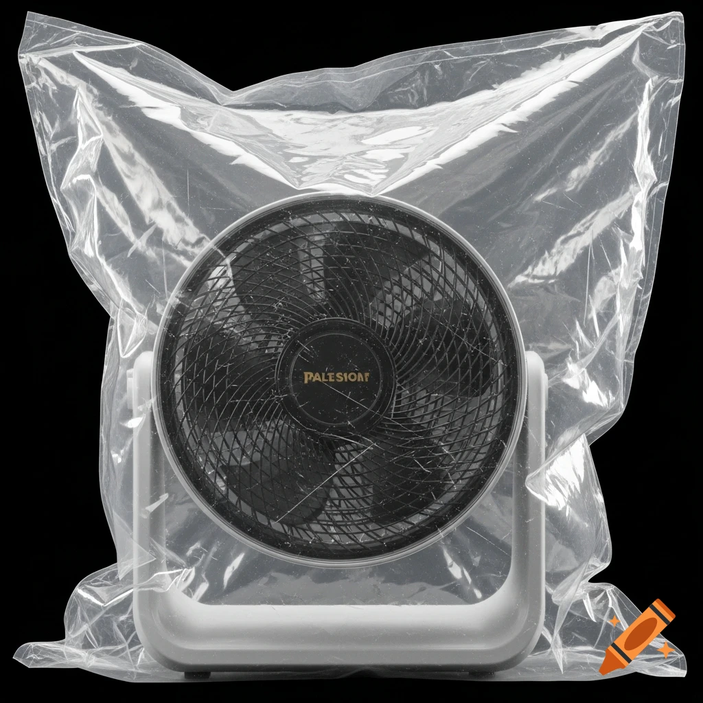 A white standing fan wrapped in a crinkled transparent plastic bag with reflections and scratches, on a black background.