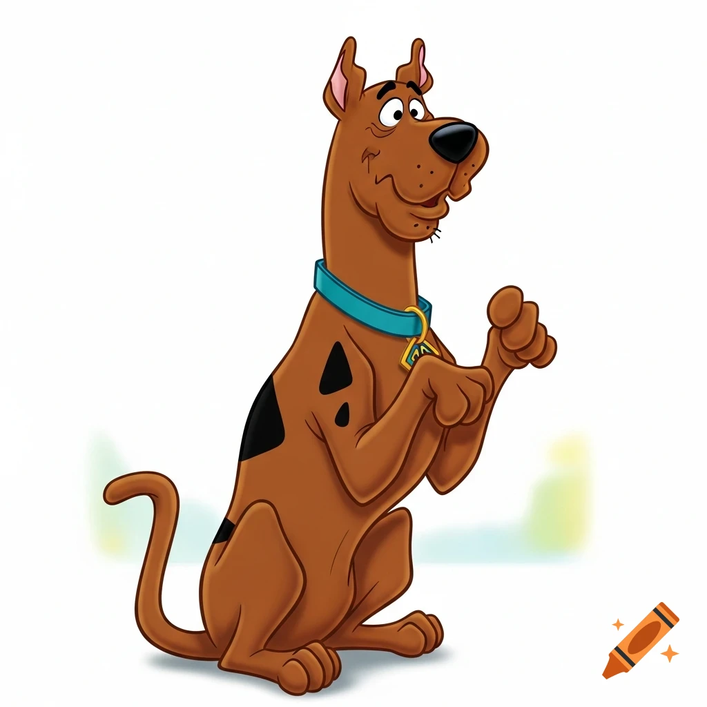 Scooby-Doo, a brown Great Dane with black spots and a blue collar, sits begging in a Hanna-Barbera cartoon style against a white background.
