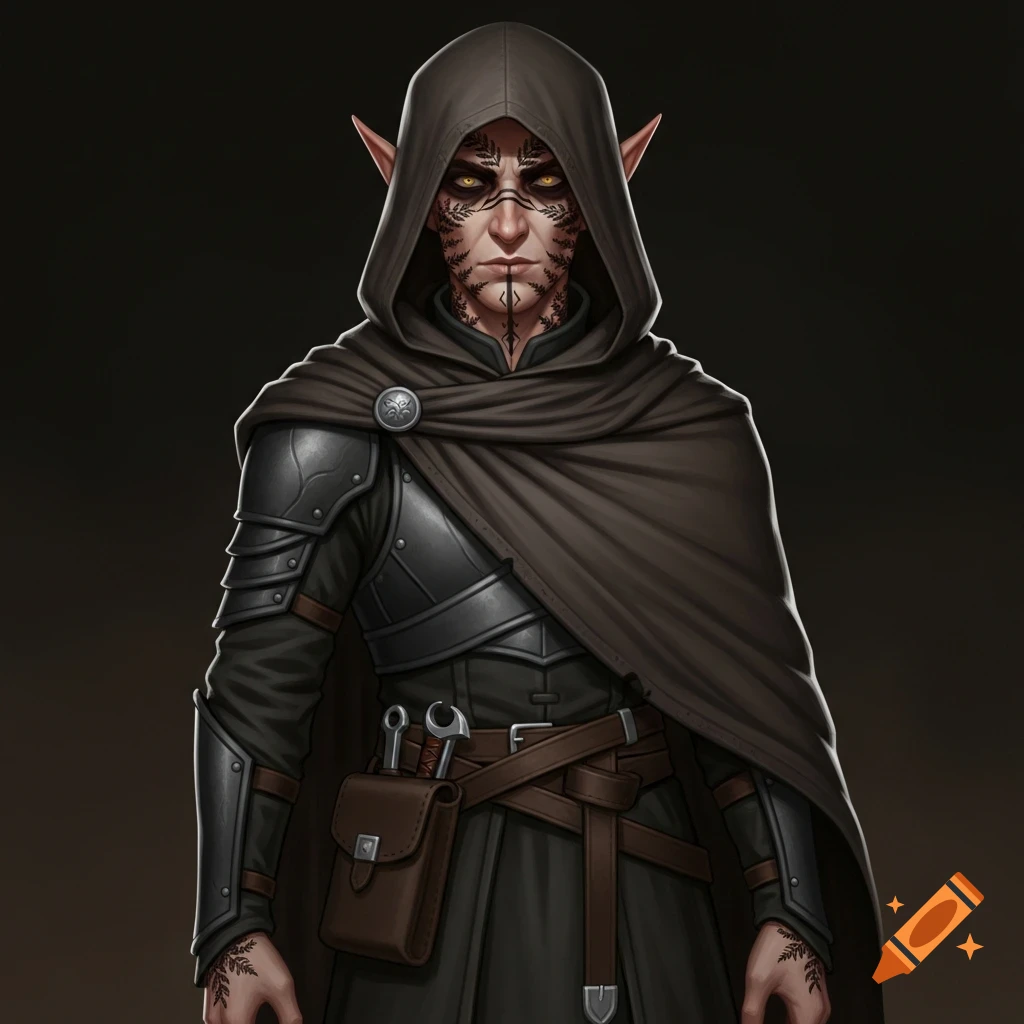 A hooded fantasy elf character with amber eyes, fern tattoos, dark armor, and a tools pouch.