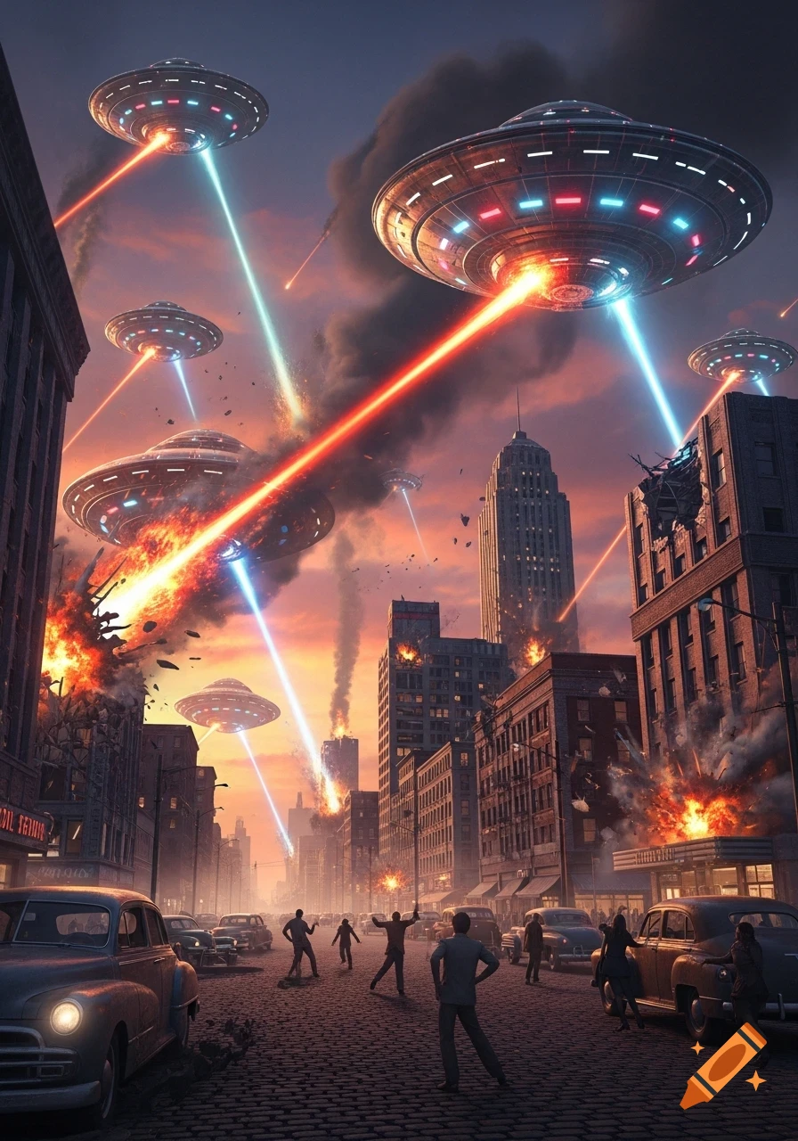 An epic, photorealistic scene of an alien invasion in a 1940s city, with multiple UFOs firing destructive lasers at buildings, causing explosions and panic among the people on the street.