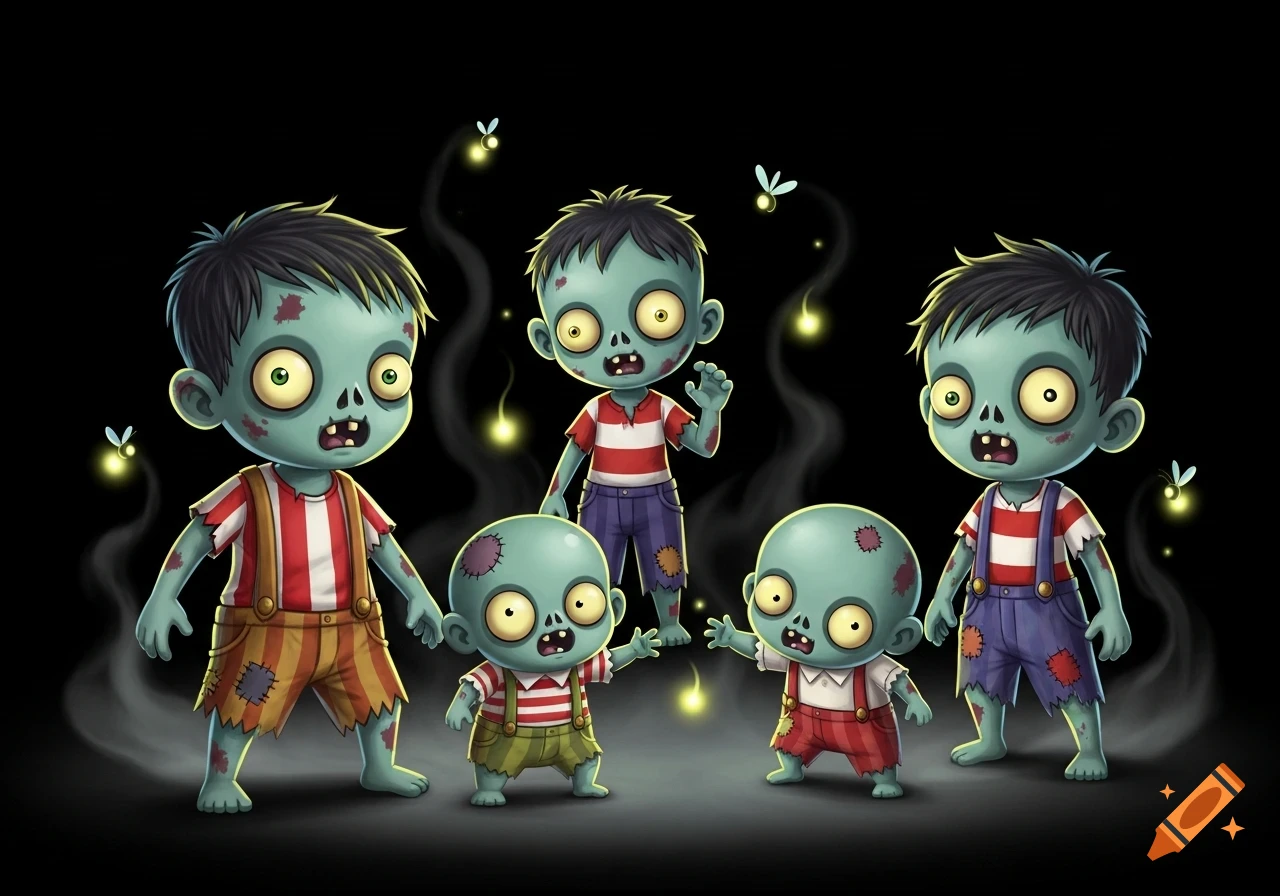 Five cute, cartoonish zombie children with green skin and glowing eyes, wearing tattered clothes, stand against a dark background with glowing fireflies.