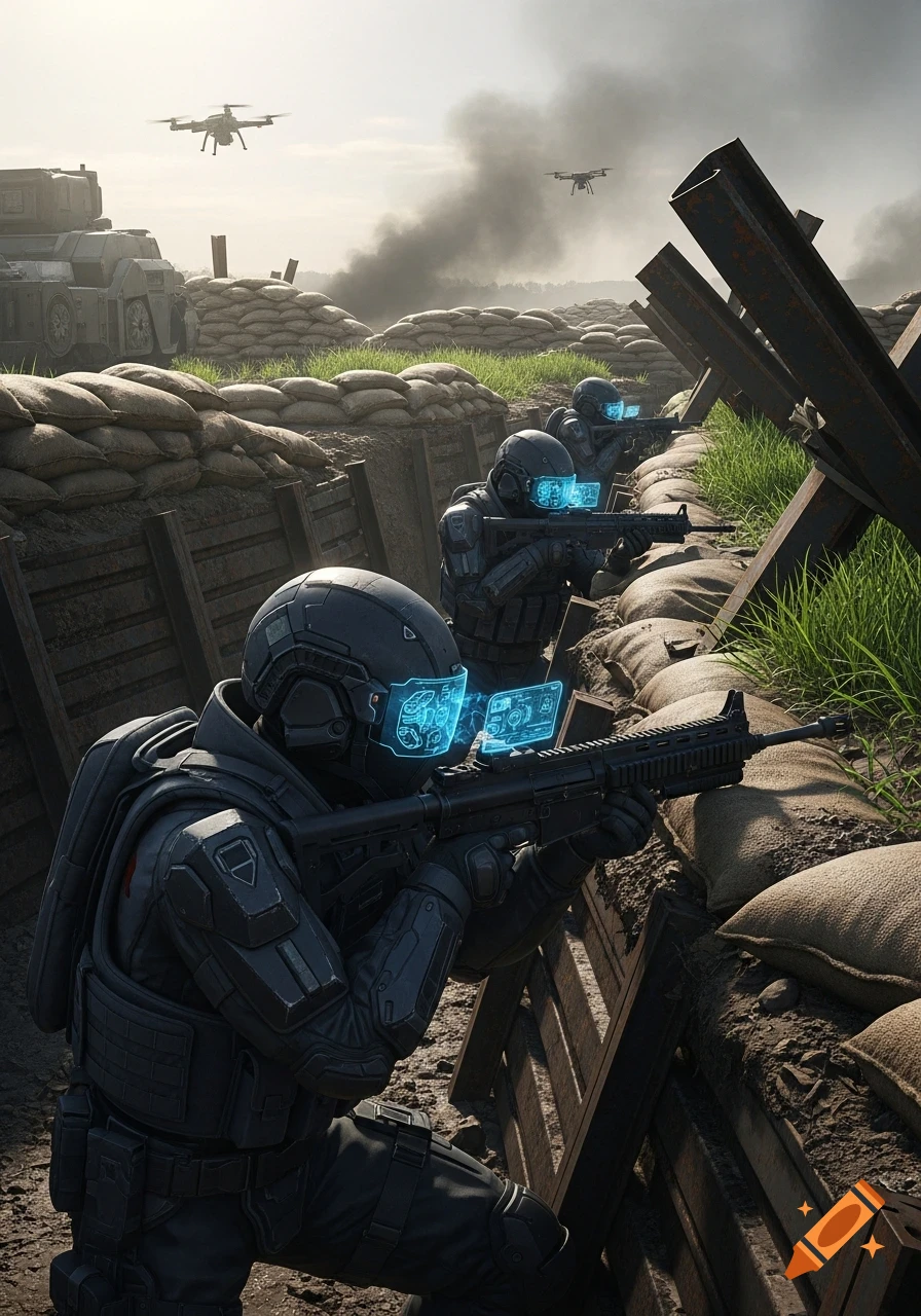 Futuristic soldiers in tactical gear aim rifles from a trench with drones flying overhead, a tank, and smoke in the background, photorealistic style.