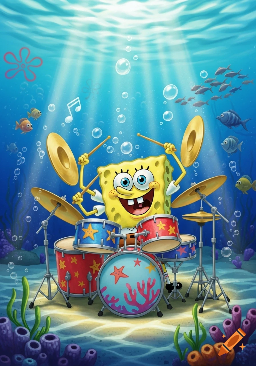 SpongeBob SquarePants happily plays a drum set decorated with starfish and coral, underwater with fish and bubbles.