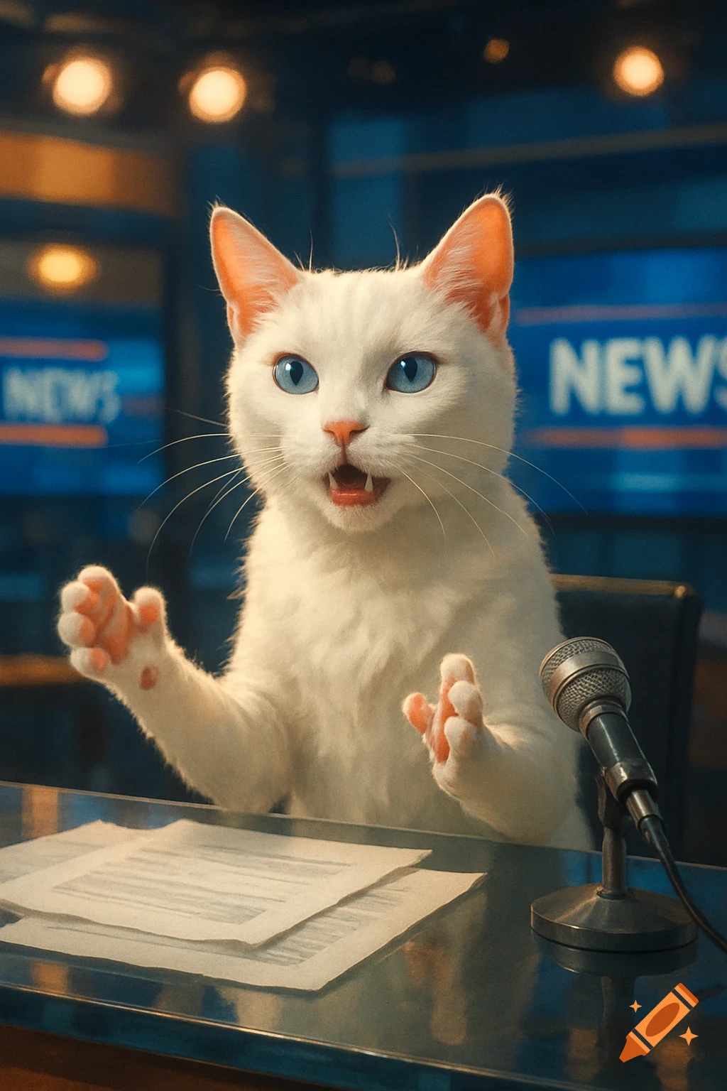 A photorealistic white cat with blue eyes acts as a news anchor, gesturing with paws at a desk with a microphone and "NEWS" screens.