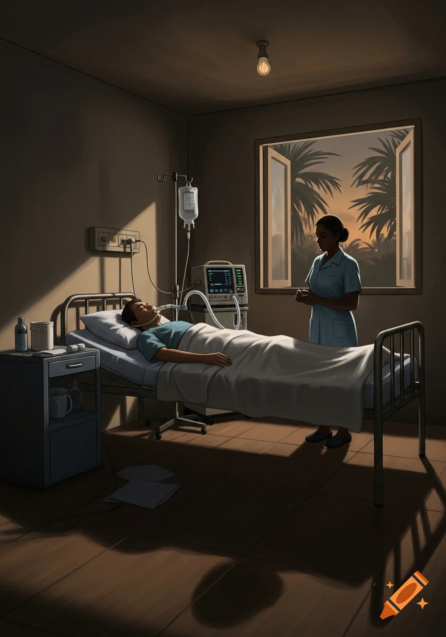 An illustration of a patient on a ventilator in a dimly lit hospital room with a nurse by a window showing palm trees at sunset.
