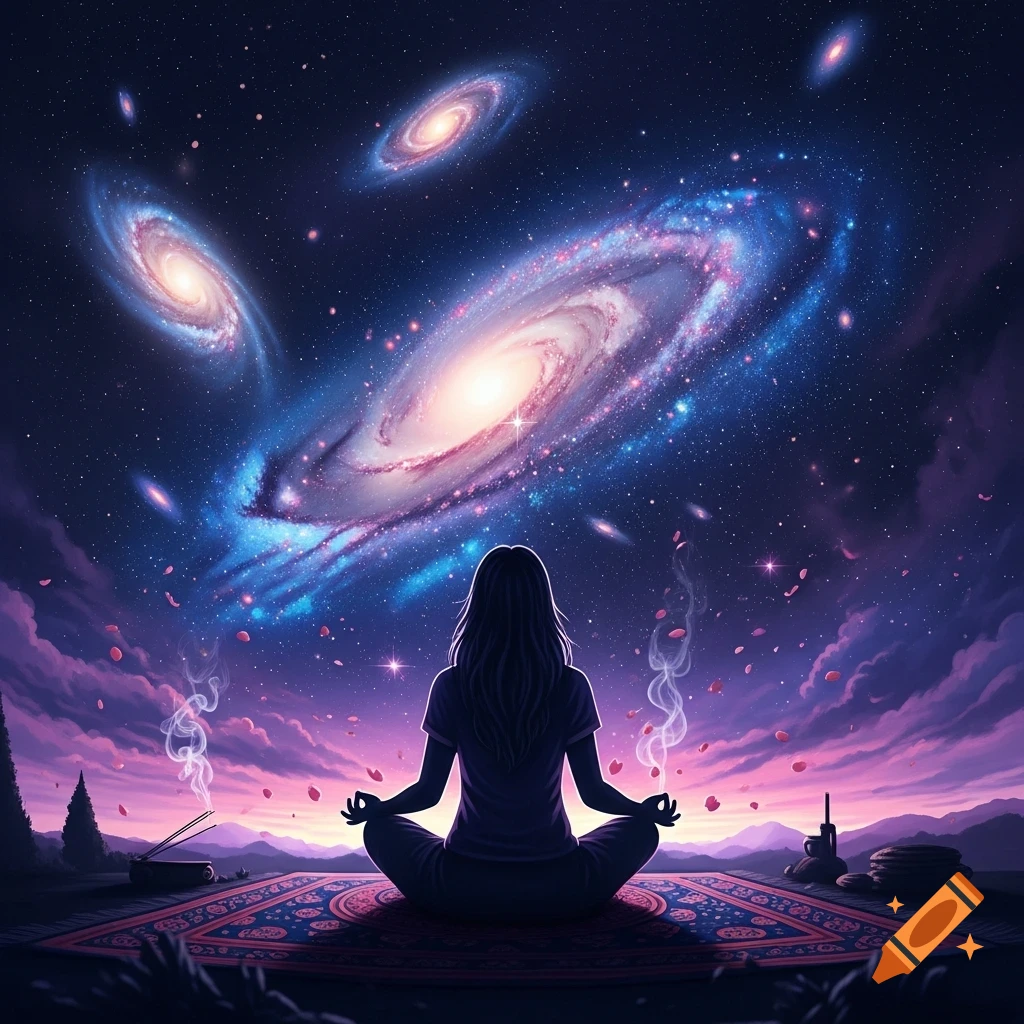 Digital art of a woman meditating under a vibrant universe filled with colorful spiral galaxies, on a patterned rug.