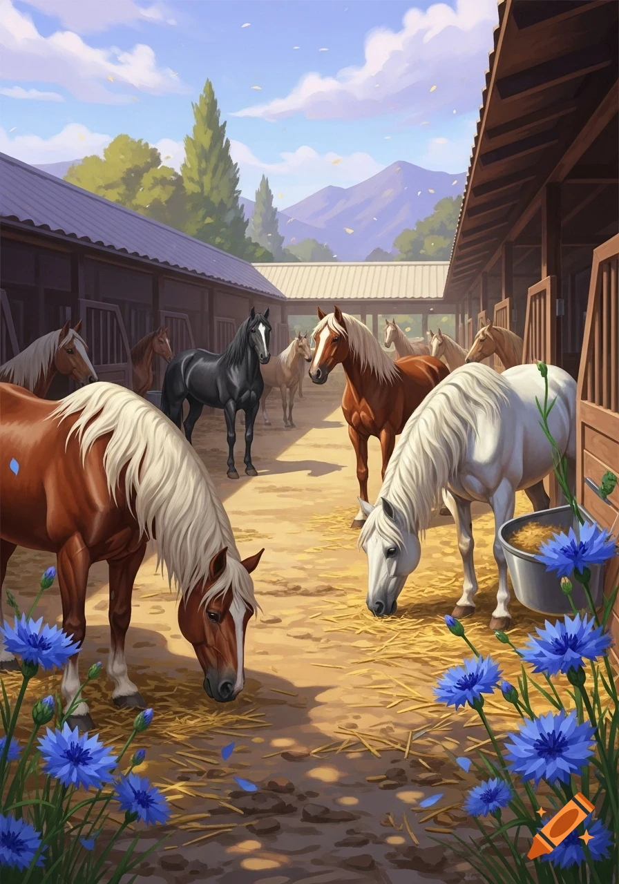 Illustrated scene of many horses in a sunlit stable, some eating hay, with blue flowers in the foreground and mountains in the background.