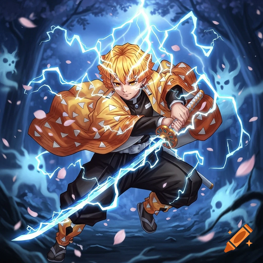 Anime character Zenitsu from Demon Slayer in a dark forest, wielding a katana and surrounded by blue lightning and ghostly figures.