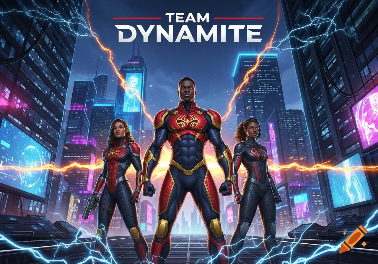 Three diverse superheroes stand powerfully in a neon-lit futuristic city with lightning, below a 'TEAM DYNAMITE' logo, in a comic art style.
