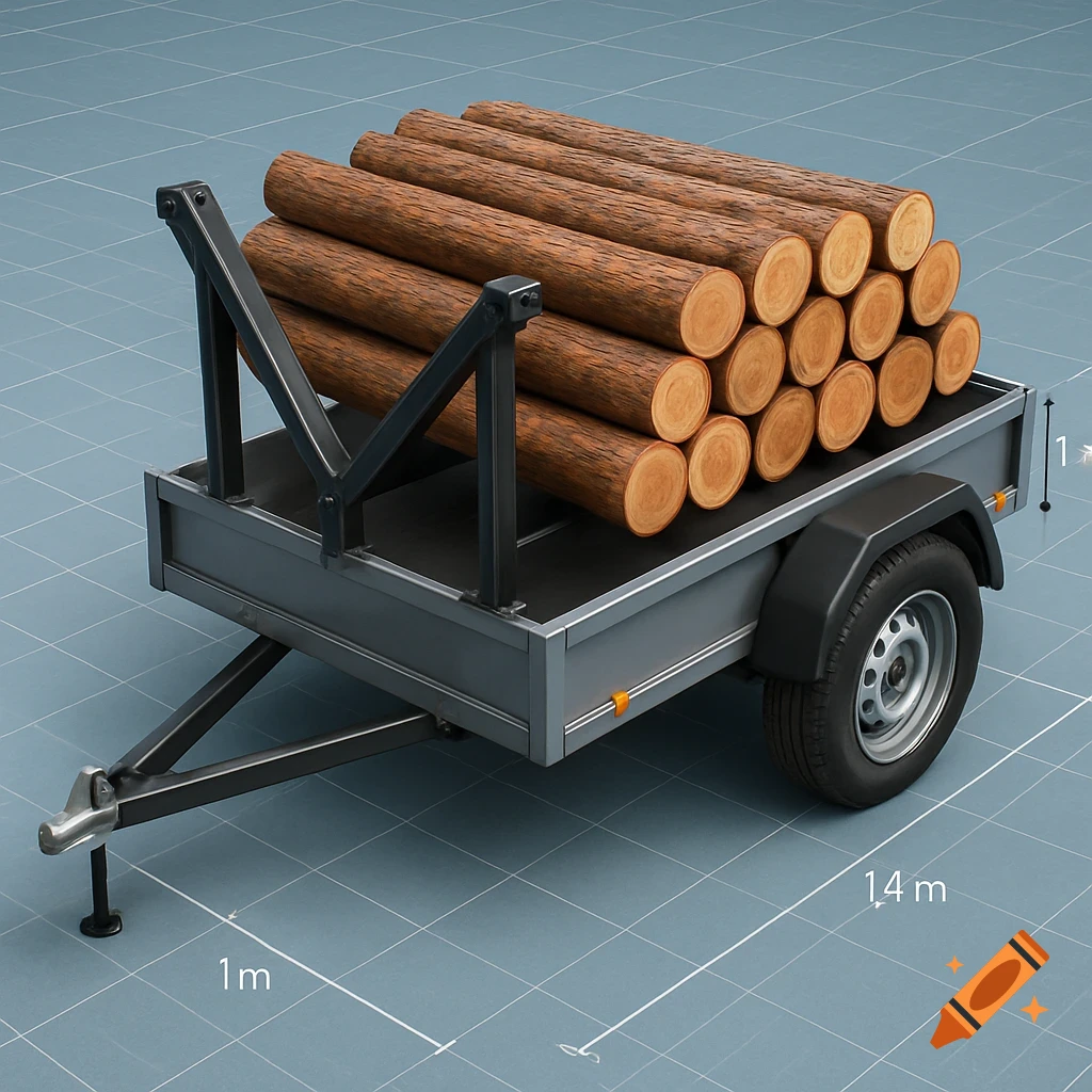 A grey flatbed trailer loaded with brown logs, shown as a 3D rendering on a grey grid background with dimension labels.