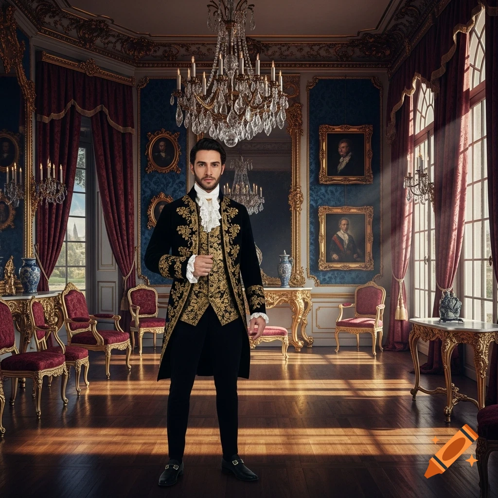 A man in an ornate black and gold 18th-century suit stands in a lavish, blue and red room with chandeliers and tall windows.