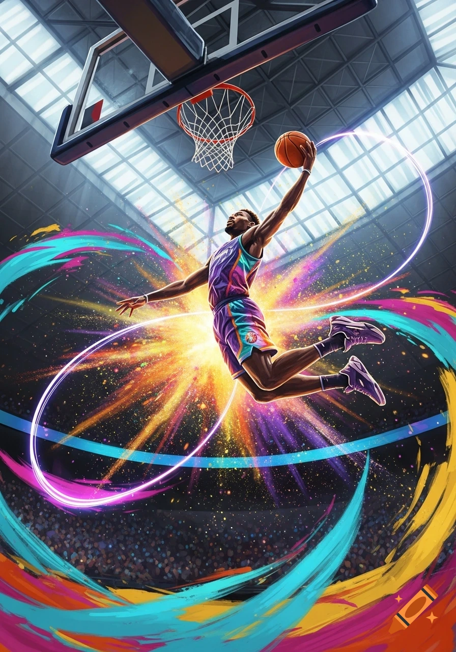 A vibrant illustration of a basketball player performing a powerful dunk, surrounded by an explosion of colorful light trails in a stadium.