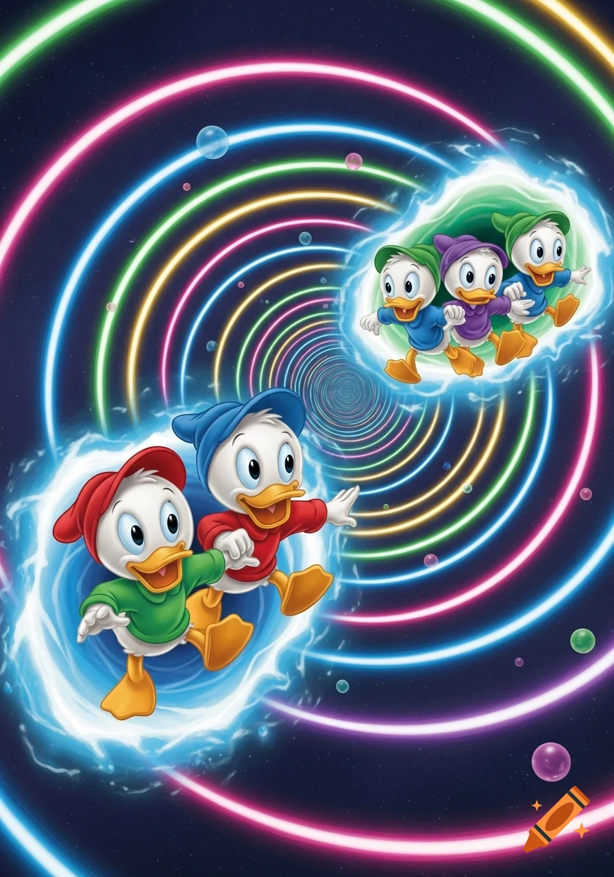 Cartoon characters Huey, Dewey, and Louie fly through a colorful neon wormhole, with smaller clones flying in the opposite direction.