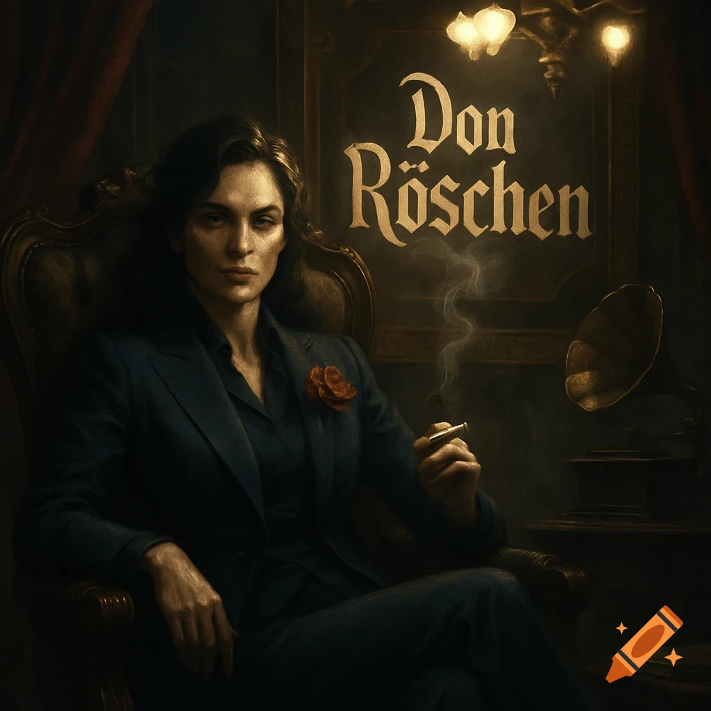 A woman in a dark suit with a red rose, smoking a cigarette in a dim, vintage room with "Don Röschen" text.