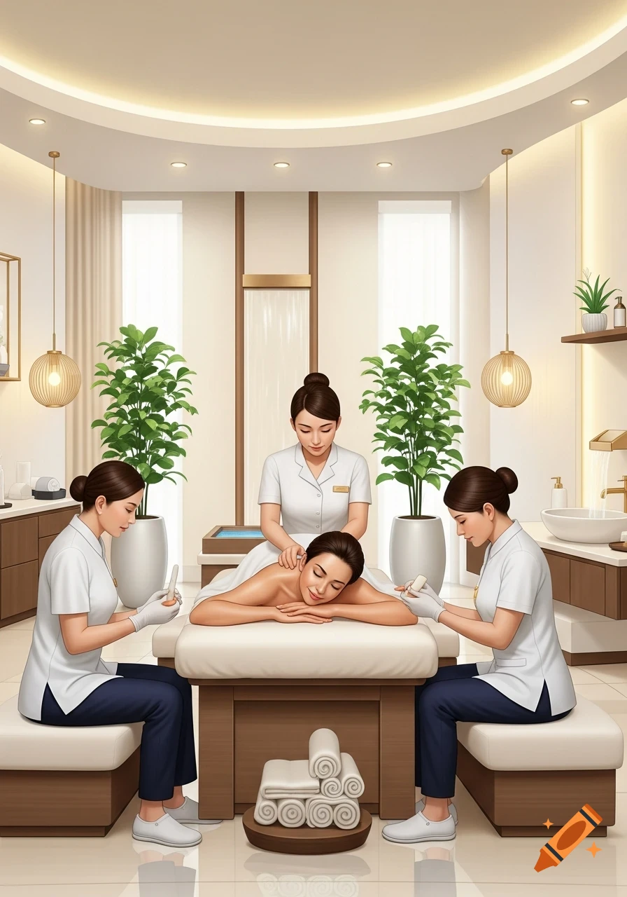Photorealistic illustration of a woman receiving a back massage, manicure, and pedicure simultaneously in a bright, modern spa.