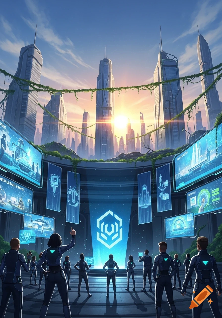 People in futuristic suits gather in a circular hall with holographic screens displaying data, overlooking a futuristic city skyline at sunset.