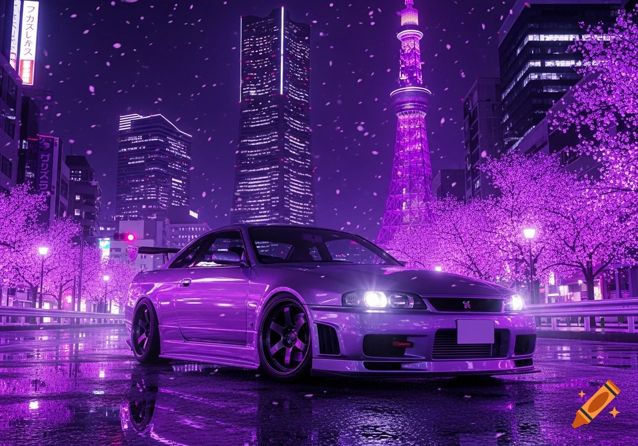A purple Nissan R34 sports car on a wet street at night, with Tokyo skyscrapers and cherry blossom trees, all bathed in violet light.