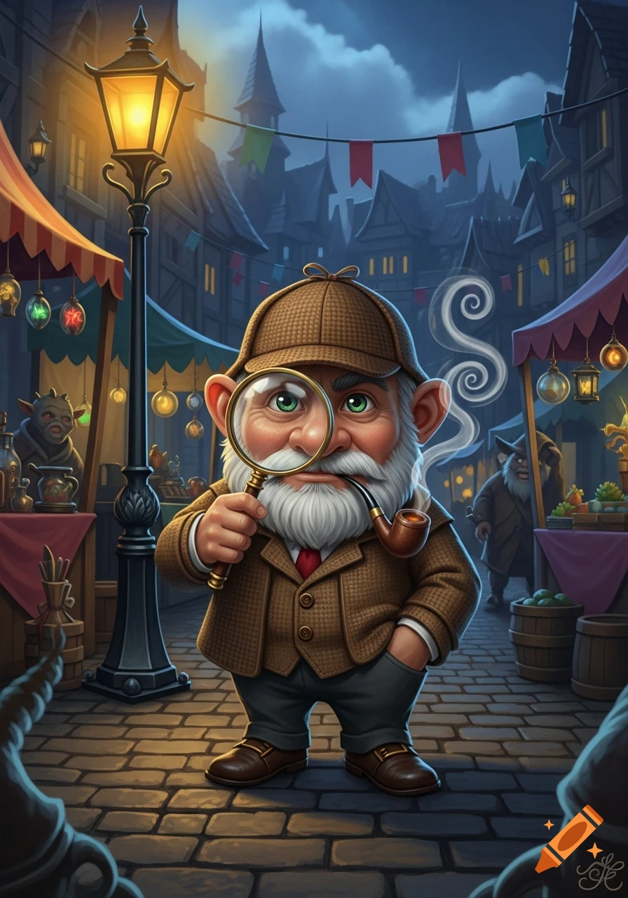 A cartoon gnome resembling Sherlock Holmes, holding a magnifying glass and smoking a pipe, stands in a whimsical nighttime fantasy market street.