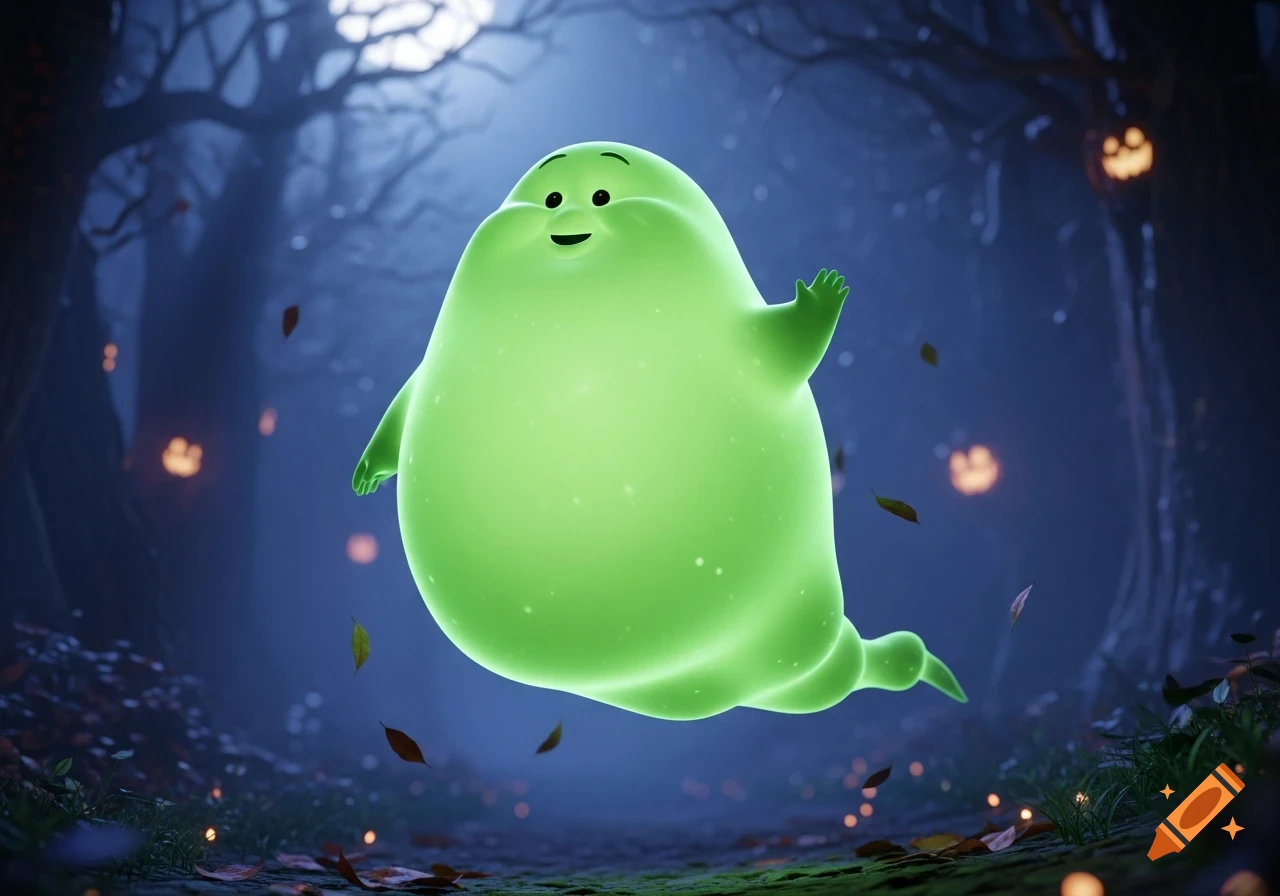 A cute, fat, glowing green ghost waves in a dark, stylized forest with glowing jack-o'-lanterns and falling leaves, in Pixar 3D style.