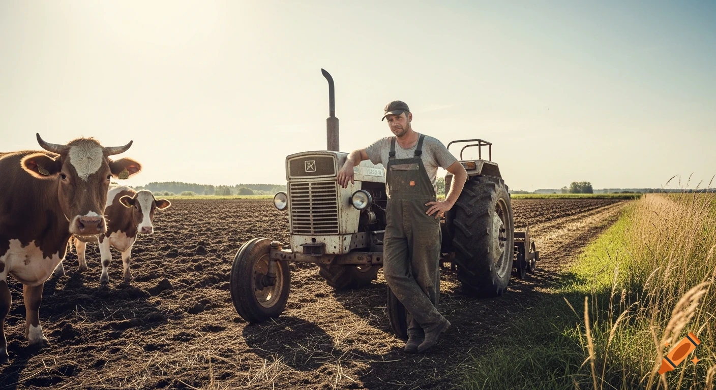 A tired farmer in muddy overalls leans on an old tractor in a tilled field, with two cows gazing nearby under a bright sky.