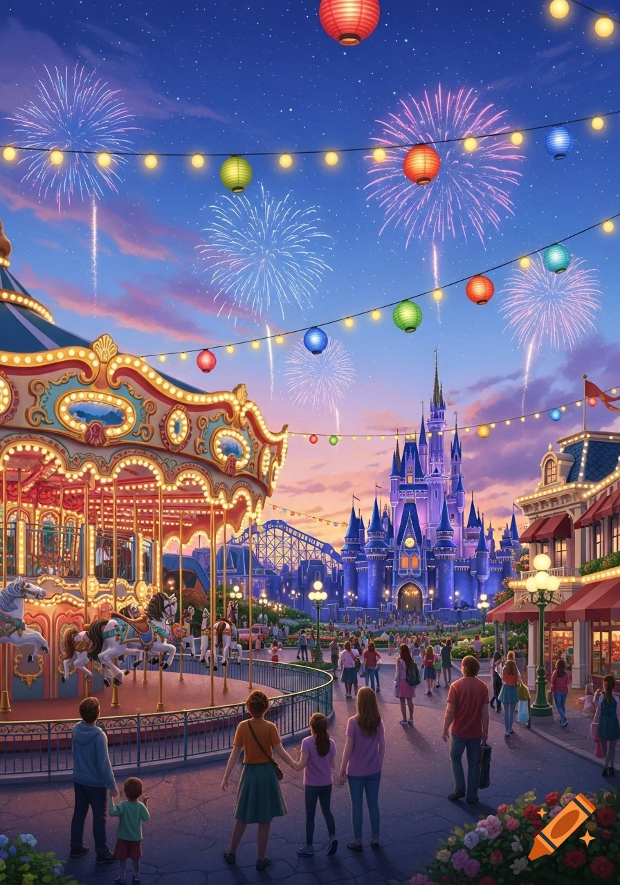 Vibrant illustration of a bustling theme park at dusk, featuring a carousel, a glowing castle, colorful fireworks, and strings of lanterns over a crowd.