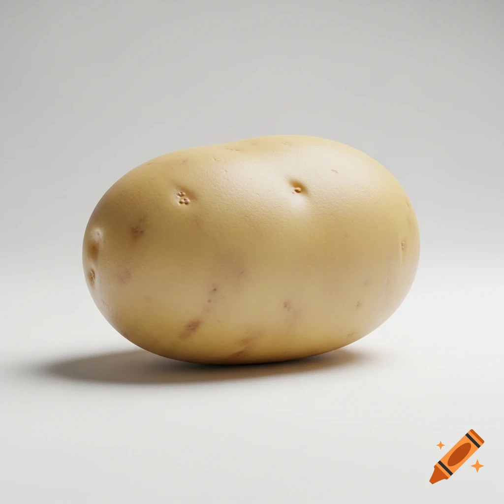 A realistic, smooth potato with a matte texture and soft shadows against a clean white background, in a minimalistic 3D render style.