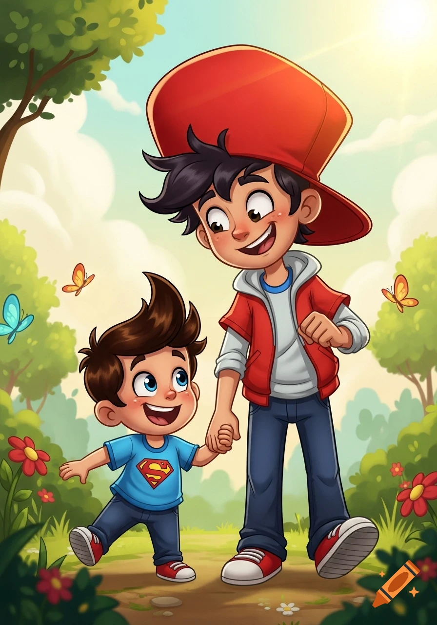Two happy cartoon boys, an older brother and younger brother in a Superman shirt, walk hand-in-hand through a sunny park.