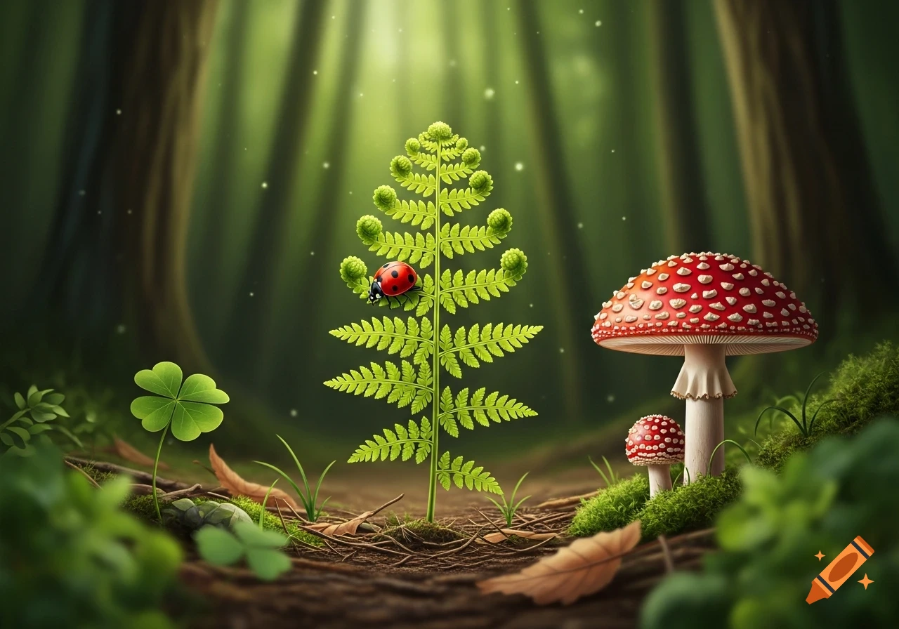 A ladybug rests on a fern next to a red mushroom and a four-leaf clover on a forest floor, photorealistic.