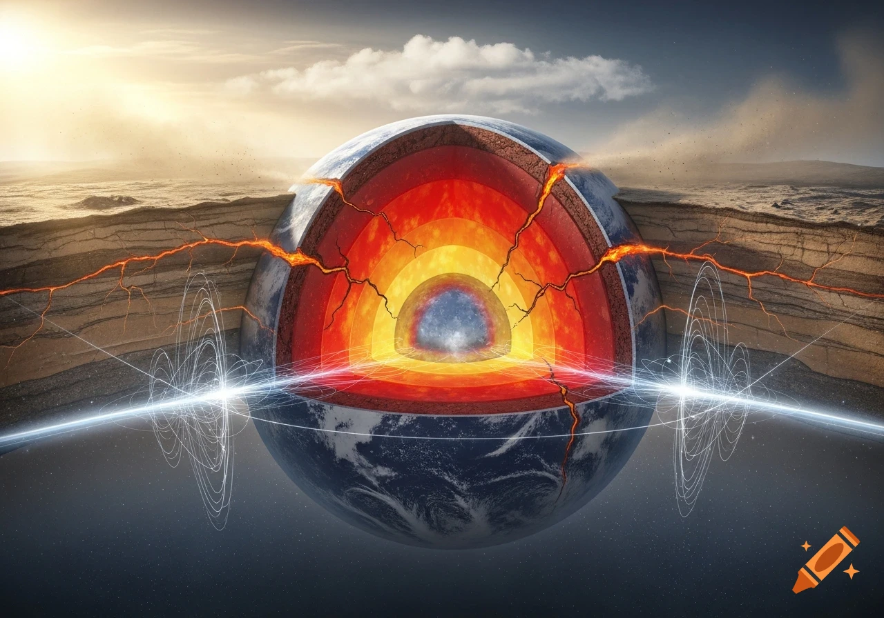 Cross-section of Earth showing its internal layers, cracked crust with lava, and seismic energy lines.