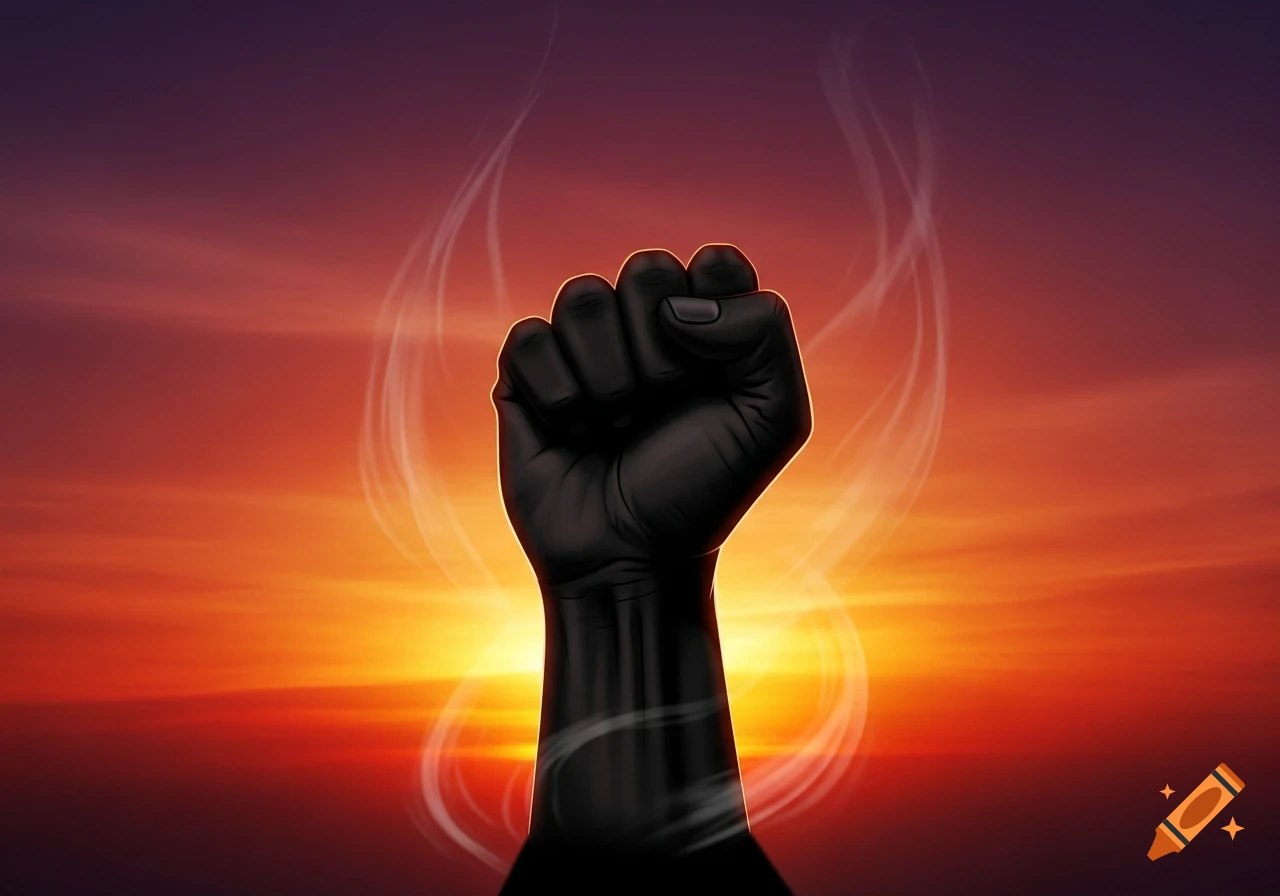 A black fist raised upwards against a vibrant orange and purple sunset background with white wisps.