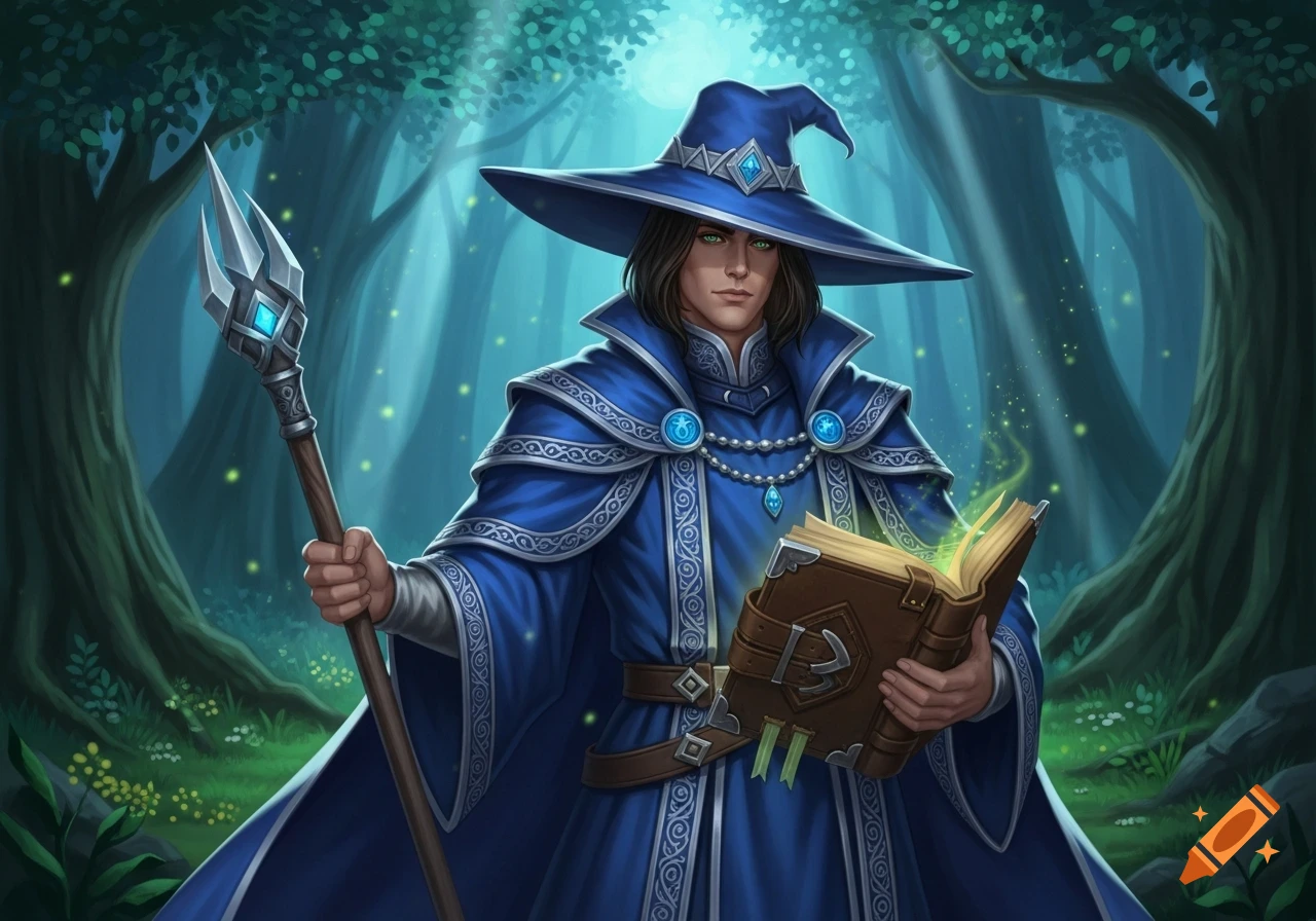 A male wizard in a blue robe and hat holds a staff and glowing spellbook in a mystical forest, in a drawn fantasy art style.