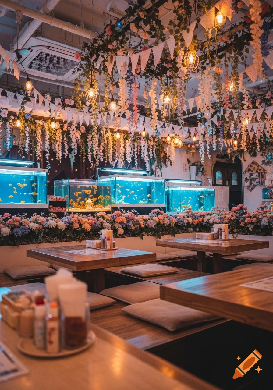 Cozy cafe interior with hanging floral decorations, string lights, and aquariums displaying colorful fish above wooden tables.