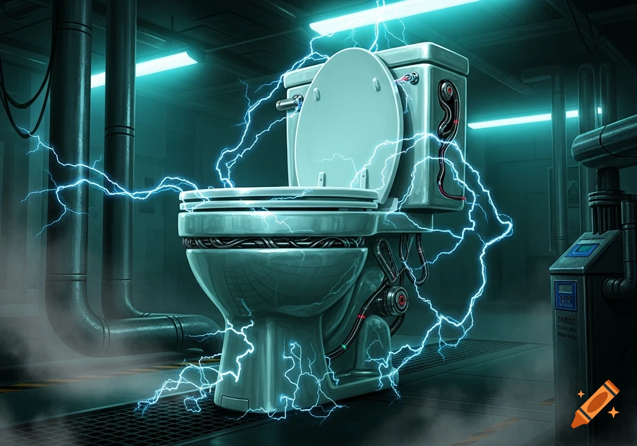 An electrified, futuristic toilet with glowing blue lightning and exposed wires in a dark, industrial room.