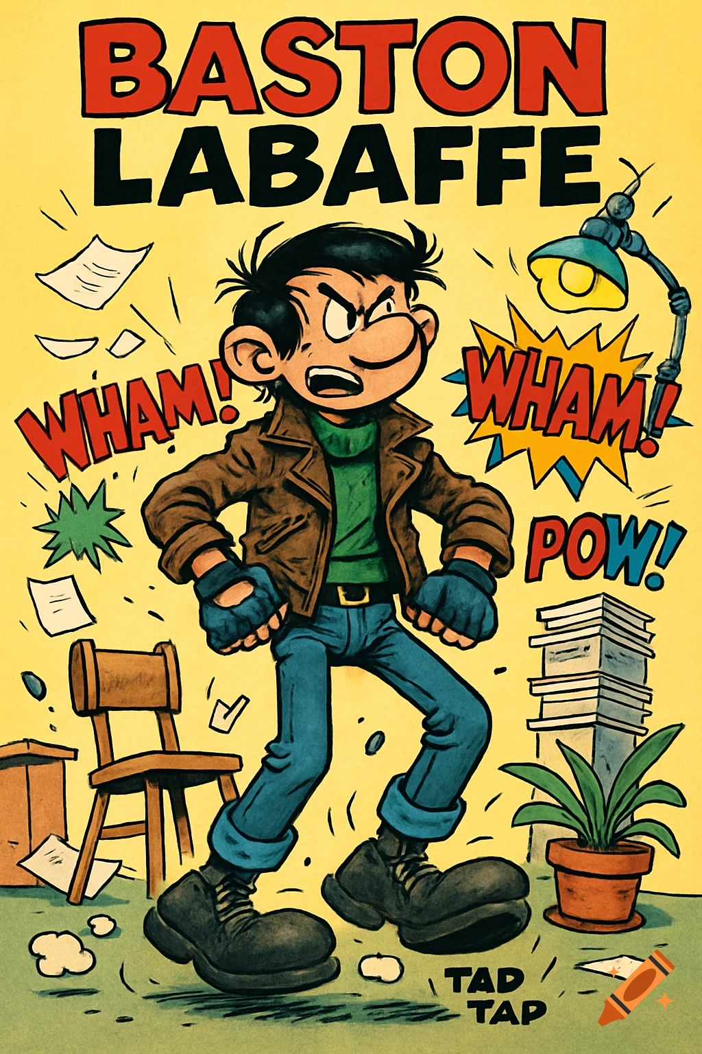 A comic illustration of a character named Baston Labaffe, a parody of Gaston Lagaffe, looking angry amid flying papers and comic sound effects like WHAM! and POW!, in an office setting.