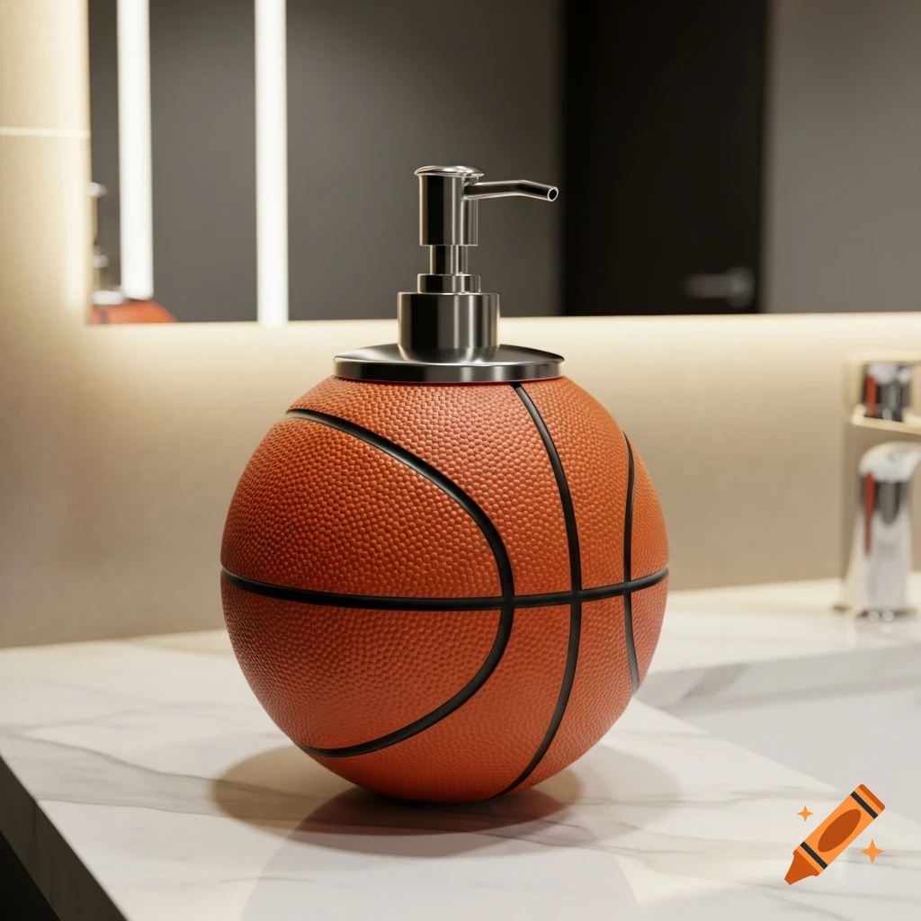A photorealistic basketball-shaped soap dispenser sits on a white marble bathroom counter.