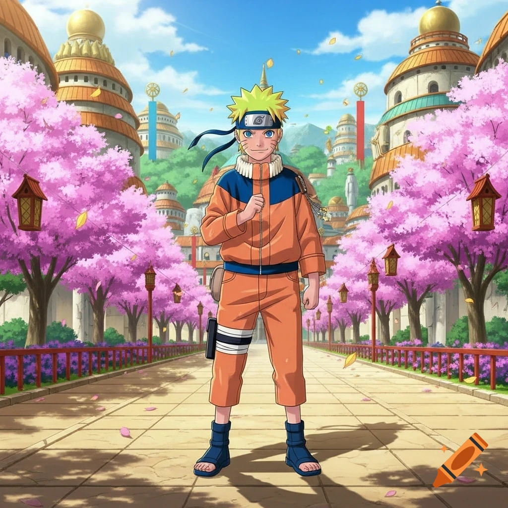 Naruto Uzumaki in his genin outfit stands on a path lined with pink cherry blossom trees and traditional Japanese buildings under a blue sky.