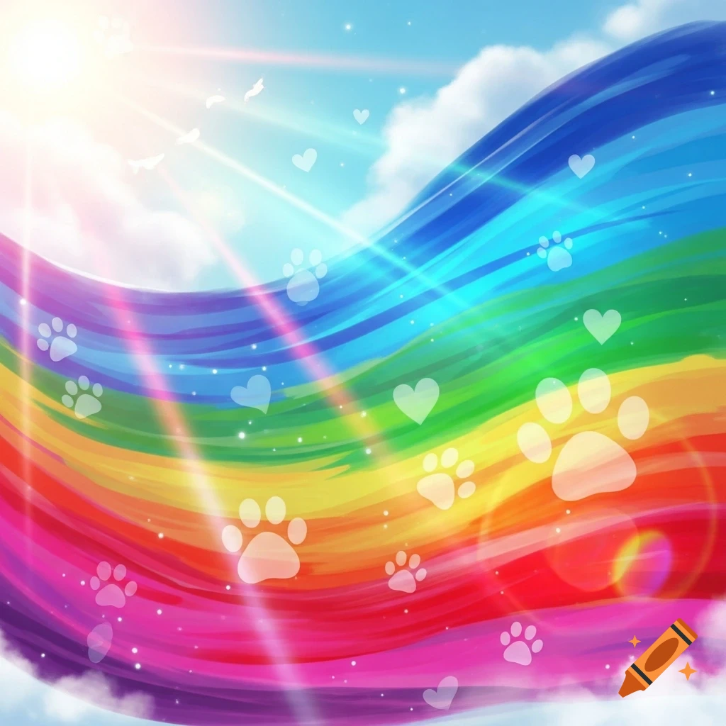 Wavy rainbow background with sun rays, clouds, and translucent white paw prints and hearts.