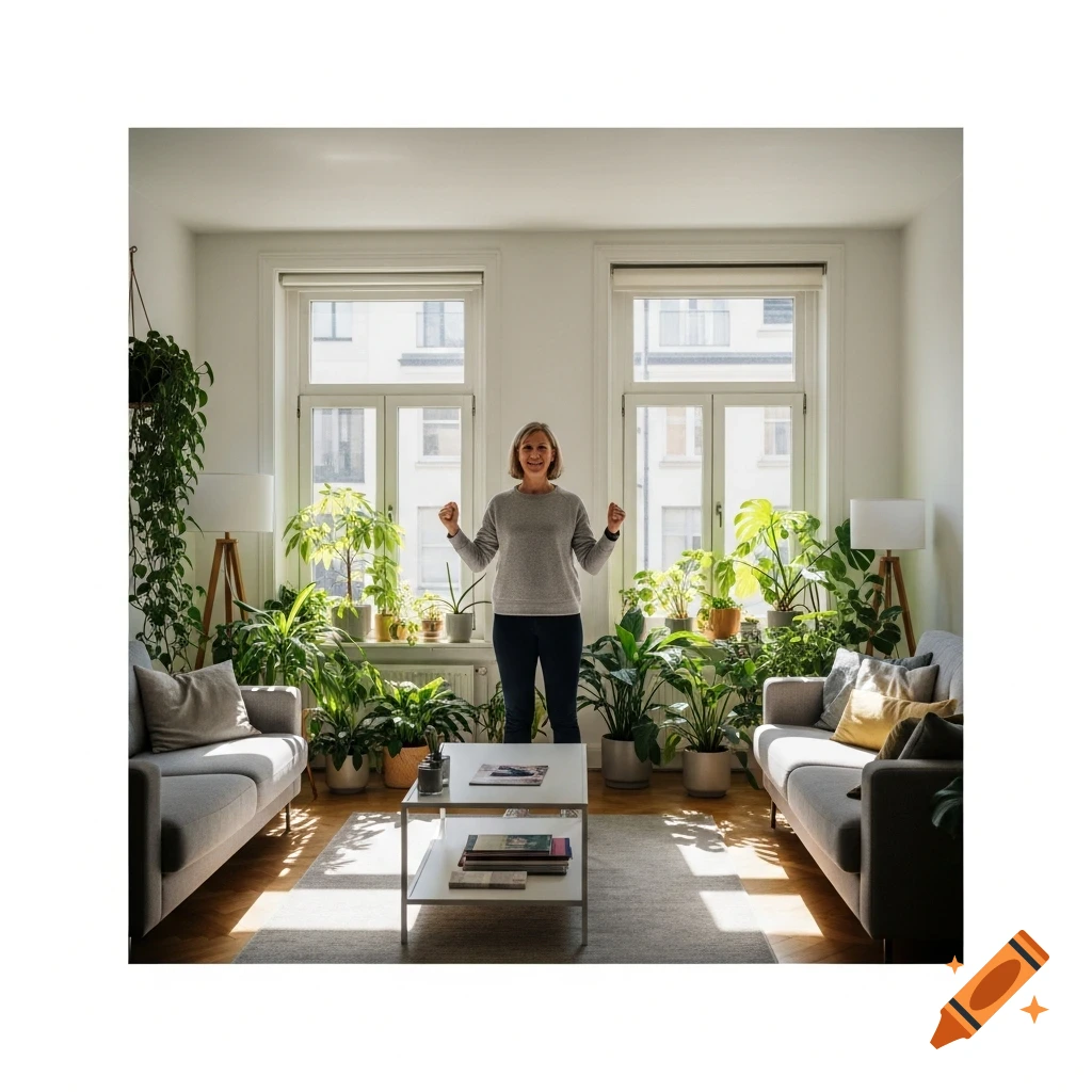 A woman celebrates in a sunny, plant-filled minimalist living room with two sofas and a coffee table.