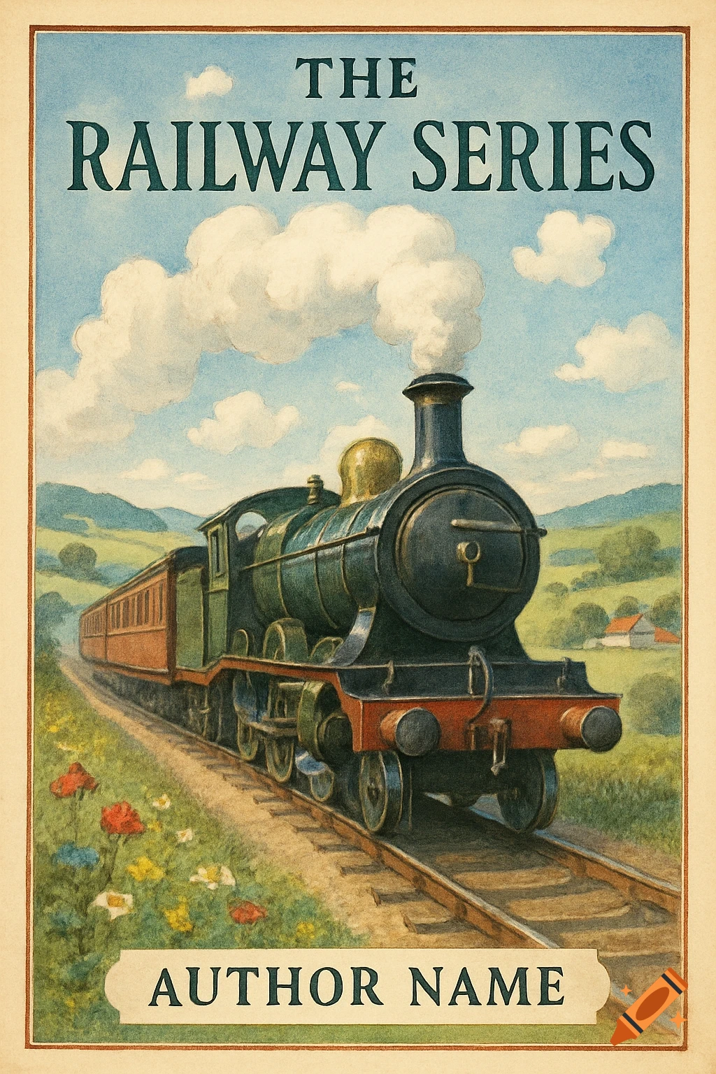 Vintage illustration of a steam train on a track in a countryside setting, depicted as a book cover with 'THE RAILWAY SERIES' title.