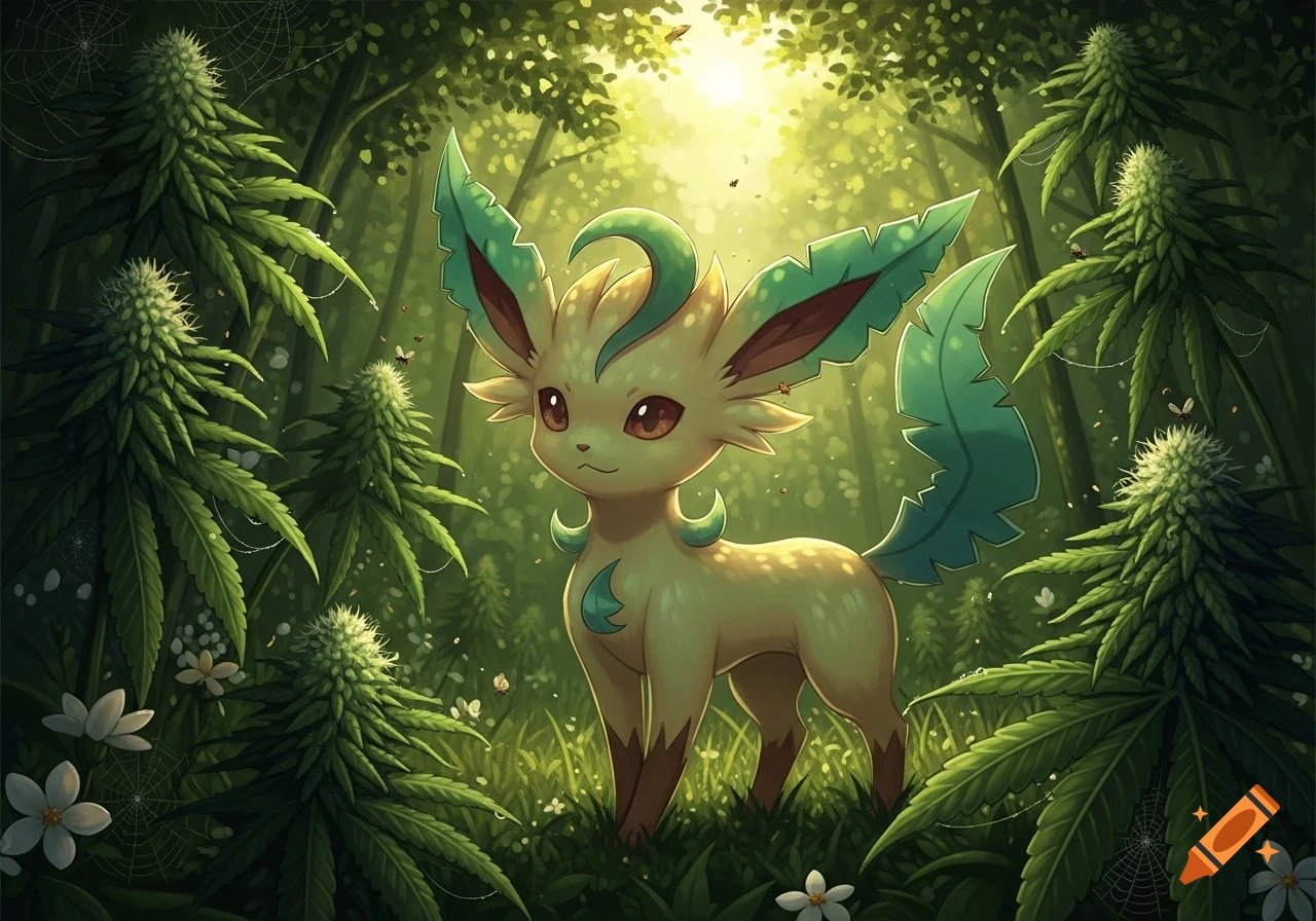 A cute, green and brown Leafeon Pok\u00e9mon stands in a lush forest filled with cannabis plants, with sunlight filtering through the canopy.