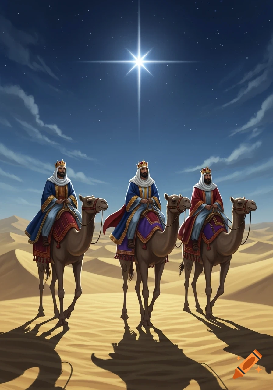 Three wise men on camels follow a bright star across a desert landscape at night, in a stylized illustration.