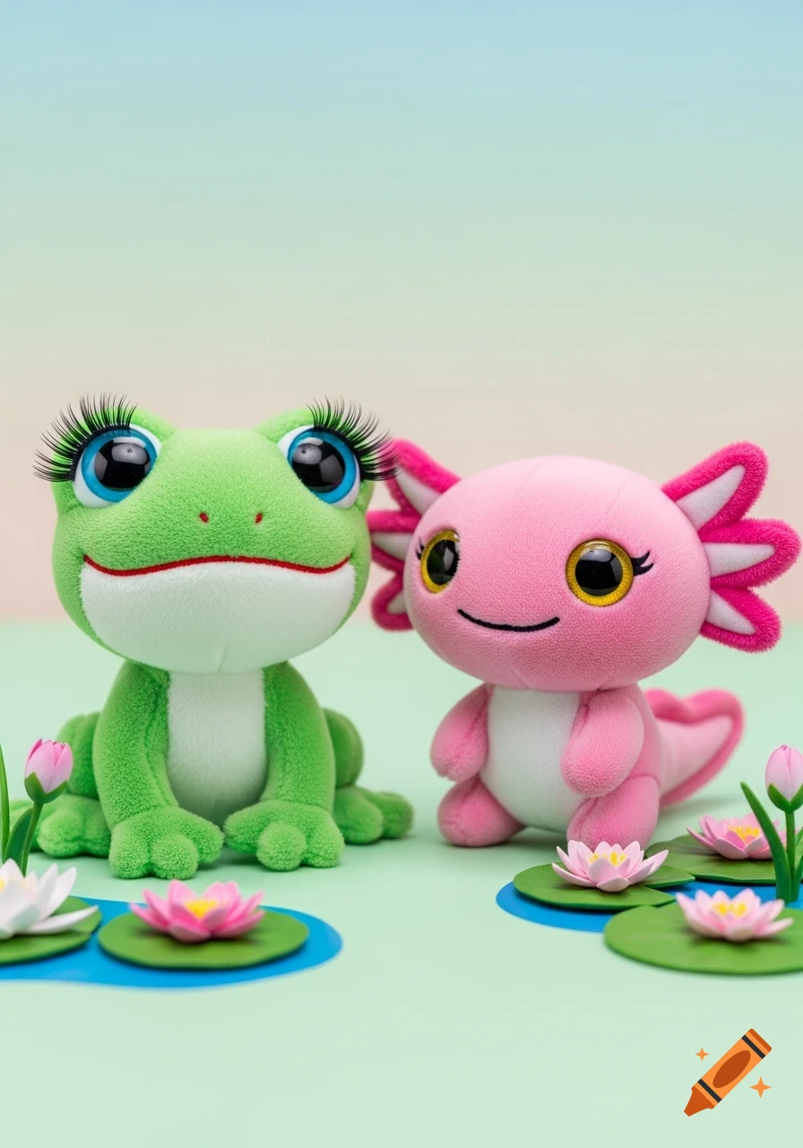 A cute green plush frog with long eyelashes and a pink plush axolotl sit among lily pads on a light green surface.